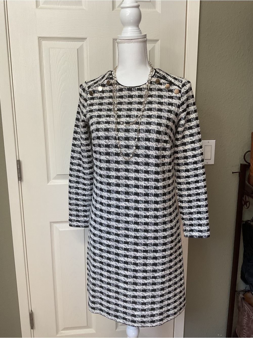 Ann Taylor Factory Black and White Tweed Shift Dress with Shoulder Buttons